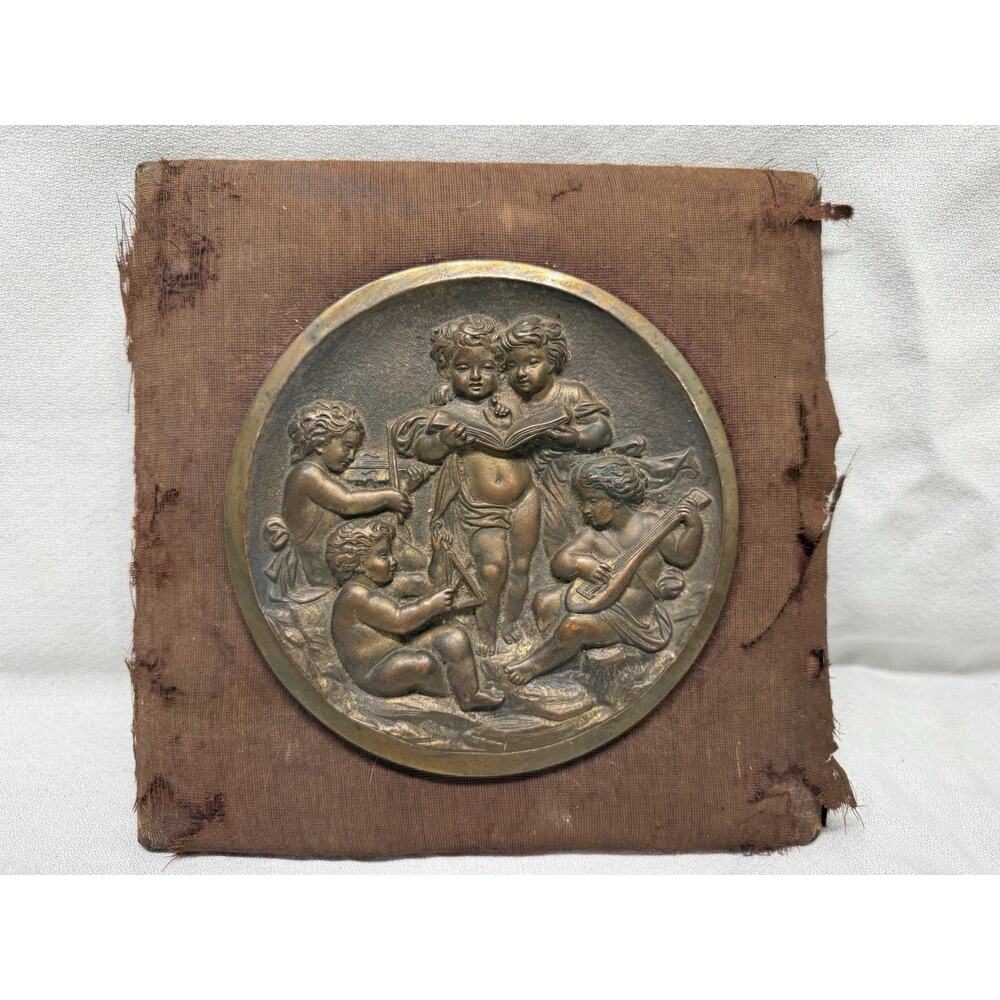 Rare Antique Bronze 5 Cherubs Playing Instruments relief Plaque Wall Hanging 9”